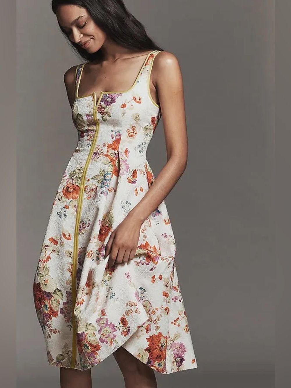 New Anthropologie Maeve Square-Neck Piped Floral Midi Dress Size Xs